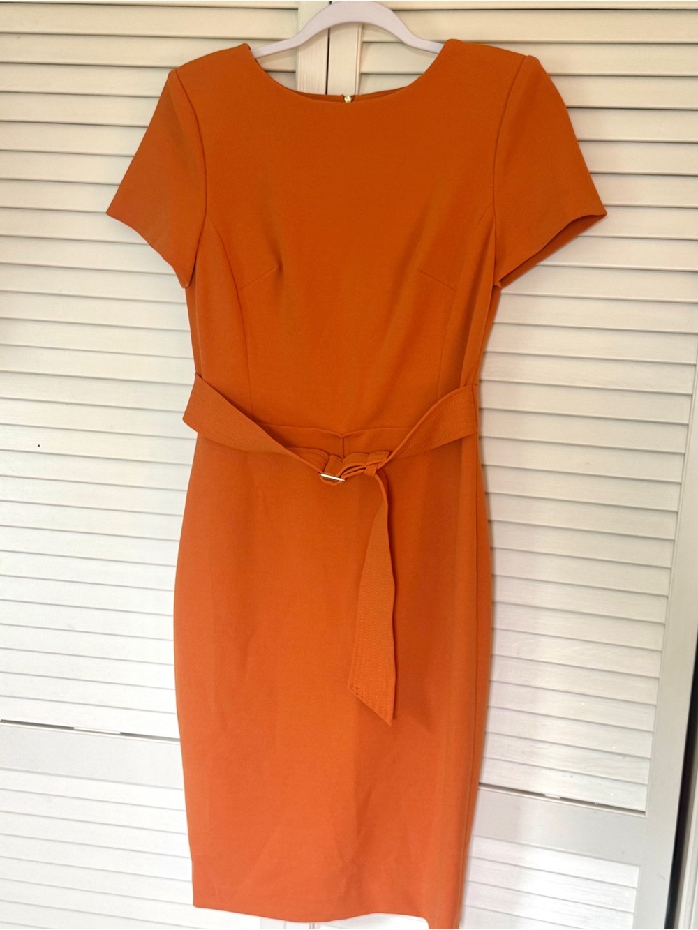 Calvin Klein Short-Sleeve Belted Midi Dress in Rust Orange